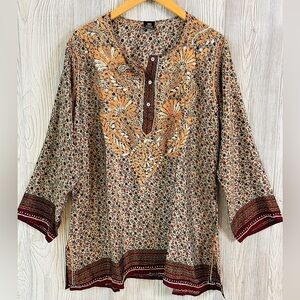 100% SILK BOHO TUNIC TOP Oversized Flowy Embroidered Blouse Large XL Womens